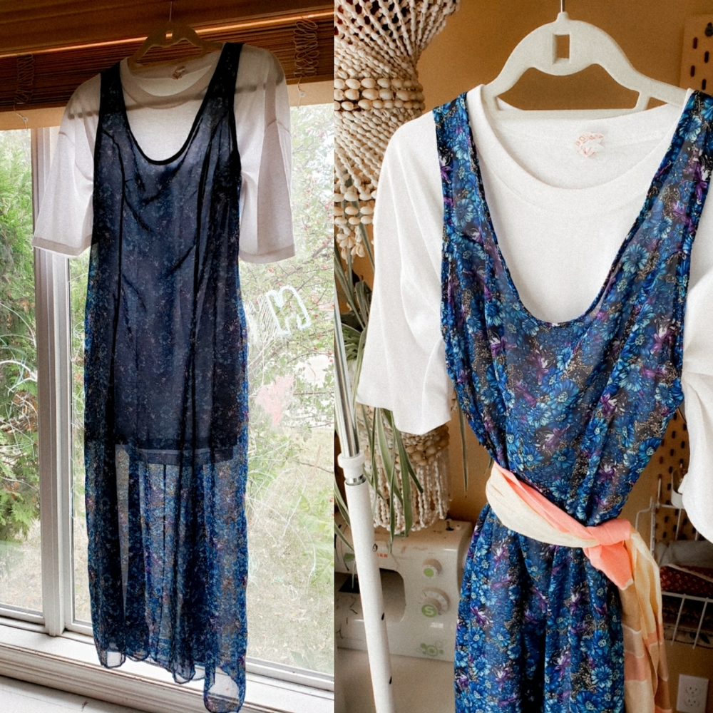 Handmade blue floral semi sheer midi dress zipper back navy sleeveless vintage